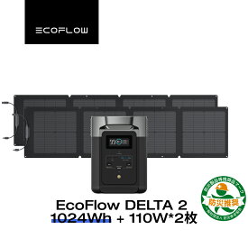 EcoFlow ポータブル電源 ソーラーパネル セット DELTA 2 1024Wh+110W 2枚セット リン酸鉄 大容量 家庭用 蓄電池 発電機 長寿命 太陽光発電 急速充電 車中泊 キャンプ アウトドア 停電 台風 節電 防災 デルタ2 エコフロー