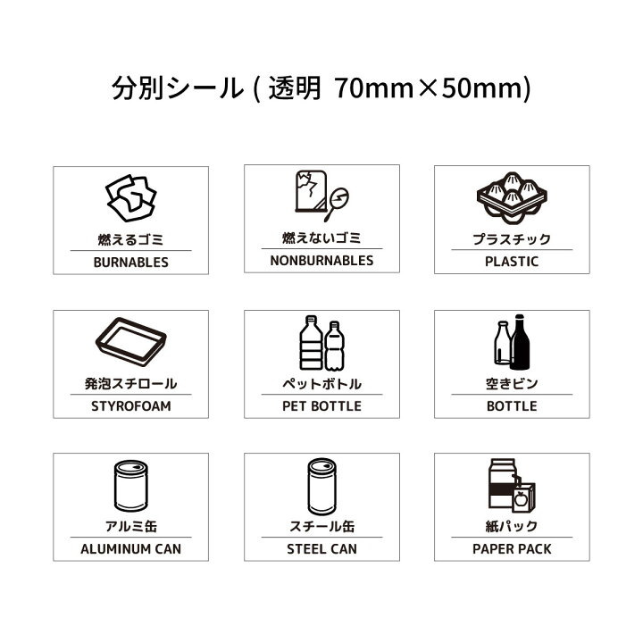 楽天市場 ゴミ 分別 シール 透明 70mm 50mmゴミ箱 リサイクルボックス 燃えるゴミ 燃えないゴミ プラスチック 発泡スチロール ペットボトル 空きビン アルミ缶 スチール缶 紙パック トナリの雑貨店