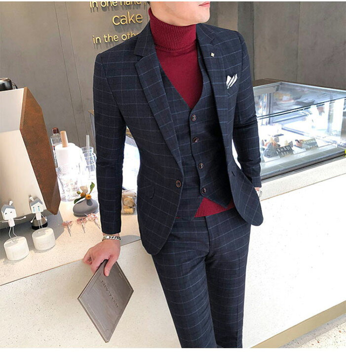 チェック柄スーツ メンズ 3点セット タキシード パーティー 結婚式 フォーマル 紳士服 3ピーススーツ ビジネス 30代 40代 50代 待望
