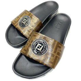 フェンディ 7X1233 シューズ スライダースリッパ サンダル FFロゴ ズッカ柄 樹脂コーティング生地 ラバー ブラウン [サイズ 6 (約25cm)]