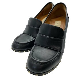 VALENTINO ヴァレンティノ シューズ ローファーパンプス ヒール ラウンドトゥ スタッズ レザー ブラック [サイズ 38 (約25cm)]