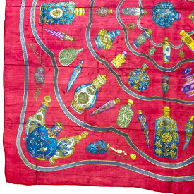 【美品】HERMES エルメス Pourvu qu'on ait l'ivresse 大判 スカーフ カレ90 香水瓶 総柄 シースルー シルク レッド