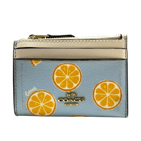 コーチ IDケース 3303 パスケース カードケース コインケース オレンジ プリント ロゴ レザー ホワイト ブルー キーリング付き COACH レディース 美品 正規品 上品な印象 高級感あるデザイン