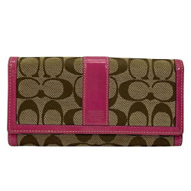 コーチ 二つ折り財布 財布 長財布 シグネチャー ロゴ ピンク ブラウン レザー COACH レディース 美品 正規品 上品な印象 高級感あるデザイン