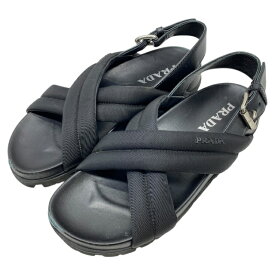 プラダ サンダル クロスベルト ロゴ ナイロン レザー ブラック レディース PRADA [サイズ37 1/2 (約24cm)] 人気 定番 上品 高級感 モード