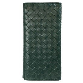 ボッテガ ヴェネタ イントレチャート 二つ折り 長財布 札入れ レザー グリーン 120697 V 4651 3203 BOTTEGA VENETA メンズ 中古 洗練 編み込み 上質感 薄型 大人向け