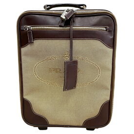 プラダ ロゴ ジャガード スーツケース キャリーバッグ キャリーケース キャンバス レザー ベージュ ブラウン 406059 PRADA 上質 洗練 旅行 収納力