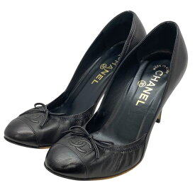 シャネル ココマーク バレエ リボン パンプス ヒール レザー ブラック ラムスキン CHANEL (サイズ36 1/2 約23.5cm) フォーマル 通勤 セレモニー エレガント 上質感 定番