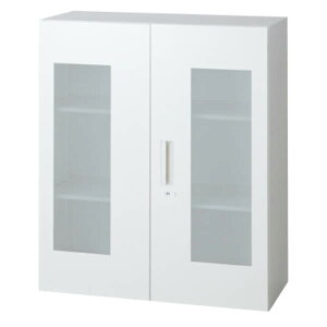 L6 ガラス両開き保管庫 幅900×奥行450×高さ1050mm 上置き 可動式棚板2枚 乳白色 (648-253)【L6-105AG】