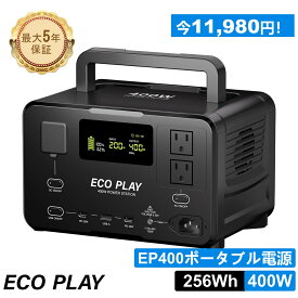 【スーパーSALE特別価格11,980円☆翌日配送☆大好評！】ECOPLAY EP400 ポータブル電源 小型 軽量 コンパクト 蓄電池 256Wh リン酸鉄リチウムイオン 60分満充電 高出力AC400W 長寿命 純正弦波 UPS機能 家庭用 節電停電対策 車中泊 キャンプ