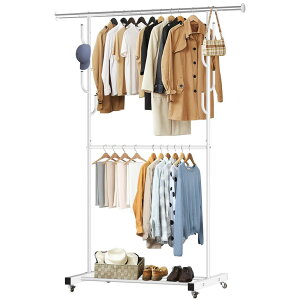 VICERII ハンガーラック 多機能収納 おしゃれ 洋服ラック 衣類収納 頑丈 防サビ キャスター付き 洋服掛け (ホワイト, 二重式)