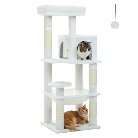PETEPELA(ぺテぺラ) キャットタワー スリム コンパクト 猫タワー 据え置き 置き型 省スペース ハンモック 爪研ぎ 見晴台 人気 ボンボン 天然麻紐 シンプル 運動不足解消 多頭飼い - ホワイト M 高さ116cm