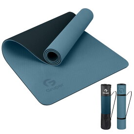 Gruper ヨガマット 6mm 8mm エクササイズマット フィットネスマット トレーニングマットTPEリング保護素材 軽量 耐久性 肌に優しい 両面の滑り止 屋内運動 ピラティスマット持ち運び 収納簡単 (ブルーブラック+收纳袋, 8mm)