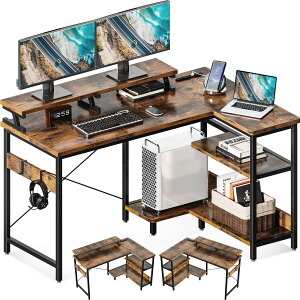 ODK l字デスク パソコンデスク L字型 ゲーミングデスク デスク 机 幅120cm コンセント付き コーナーデスク PCデスク ラック付き 収納 オフ ィスデスク 省スペース 書斎 在宅勤務 組立簡単 ビンテ