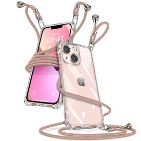 i Phone 13 ケース ク リア ショルダー アイフォン13 スマホケース i Phone13 カバー 肩掛け 斜めかけ 縄掛けケース 透明 薄型 軽量 TPU 携帯ケース 紐付き 斜めがけ 織りストラップ付き 長さ調整可能 取り外し可能 落下防止 紛失防止 ワイヤレス充電対応(ピンク)