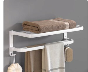 タオルラック折りたたみ式タオル掛け収納棚付き、スペースアルミバスルームタオルホルダー、バスルームキッチン用壁掛けダブルタオルバー、40cm、50cm、60cmホワ