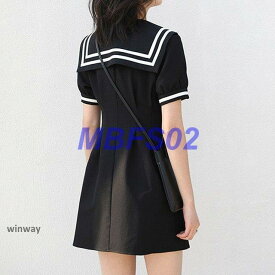 ワンピース レディース フェミニン セーラー服 バイカラー 半袖 ショート丈 ガーリー 森ガール 無地 きれいめ 体型カバー 可愛い おしゃれ 大人