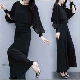 パンツドレス ドレス 結婚式 お呼ばれ パンツ ワイドパンツ セットアップ パーティードレス 長袖 袖あり ゆったり 体型カバー 大きいサイズ