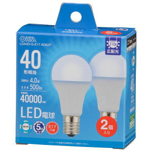 �I�[���d�@ LDA4D-G-E17 AG62P LED�d�� ���` 40�`�����^500lm�^4�D0W�^�����F�^E17�^Ra84�^�L�z��210°�^���`���Ή��^�f�M�ގ{�H���Ή� LDA4DGE17AG62P 2��