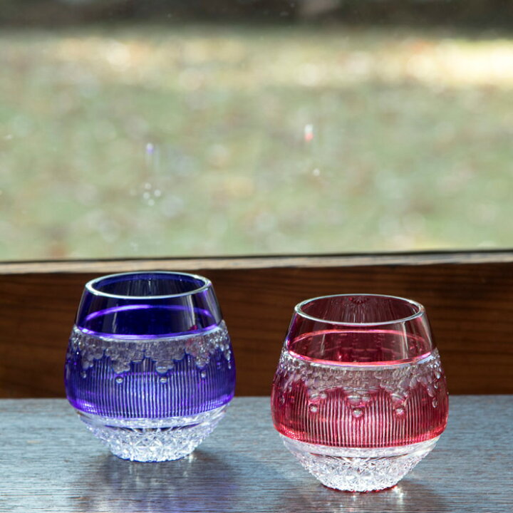 MY-499-2 山田のゆり作 菊水 金赤 ピンク 瑠璃 ペア 江戸切子 彩鳳 