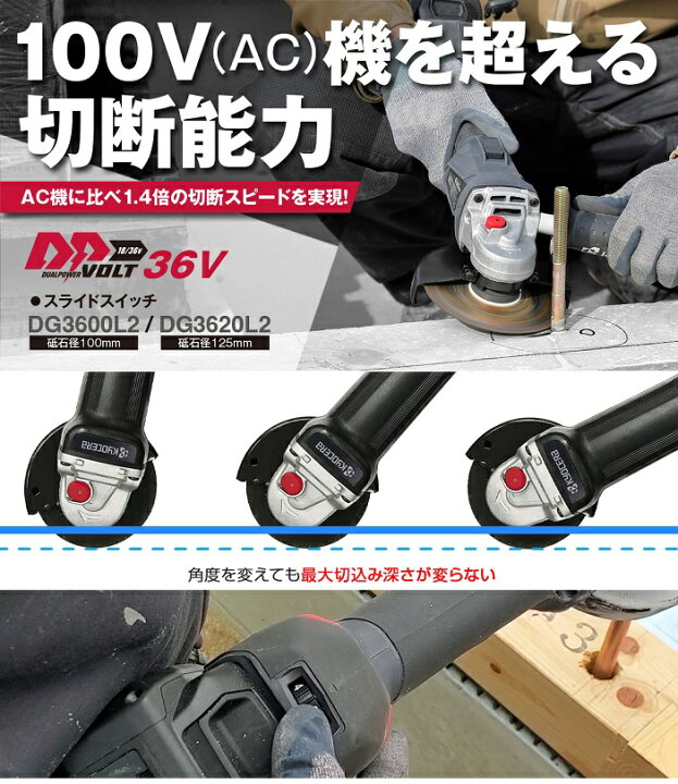 楽天市場】京セラ DG3600L2 36V-100mm充電式ディスクグラインダー AC機 