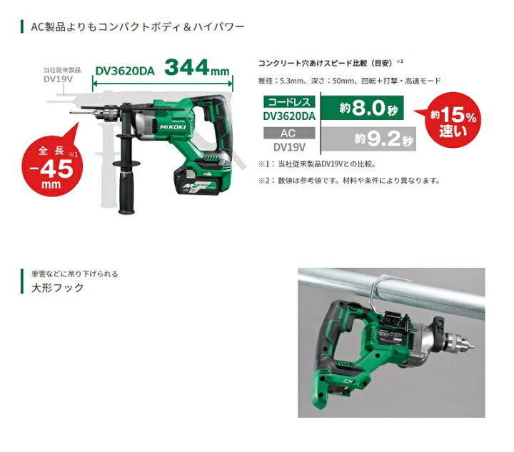 楽天市場】HiKOKI DV3620DA(2XPZ) 36Vコードレス振動ドリル D形 