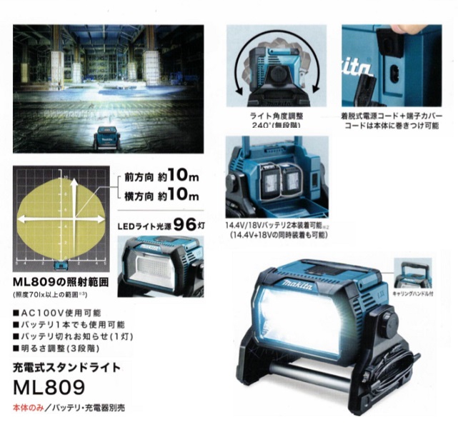 楽天市場】マキタ ML809 充電式LEDスタンドライト 光束10000lm 14.4V