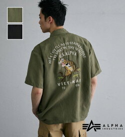 【アルファ公式】ユーティリティリネンシャツ / スーベニア刺繍 半袖（SOUVENIR） ALPHA INDUSTRIES