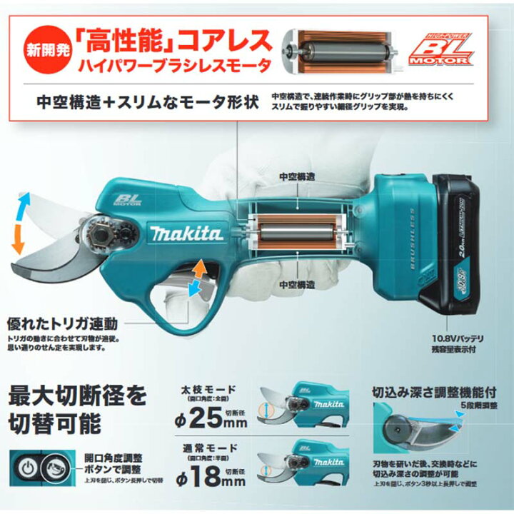 楽天市場】makita マキタ 充電式電動剪定ハサミ UP100DSAX 剪定ばさみ 