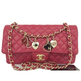 CHANEL シャネル バレンタイン チャーム ココマーク マトラッセ ラムスキン ダブルチェーン ショルダーバッグ　Pink/JPG0096【中古】