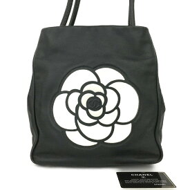 CHANEL シャネル ロゴ カメリア ラムスキン ショルダー トートバッグ　Black/JPG0107【中古】