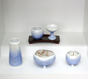 ほのか 九谷焼銀彩5点セット(ブルー)中【モダン仏具セット・家具調】