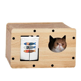 猫 爪研ぎ キャットハウス 組立簡単 グッズ ダンボール カリカリ 隠れ家 6面 猫窓 鯉柄のれん 耐久性 耐摩耗 通気 ストレス解消 運動不足改善 インテリア (さかなっちM：42.5x25x28cm)