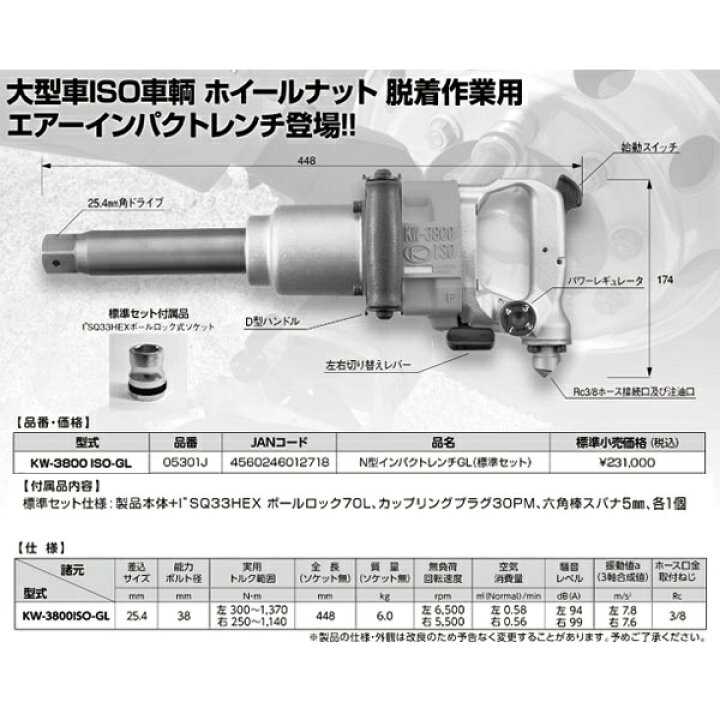 楽天市場】空研 25.4sq. エアーインパクトレンチ GLセット 33mm 