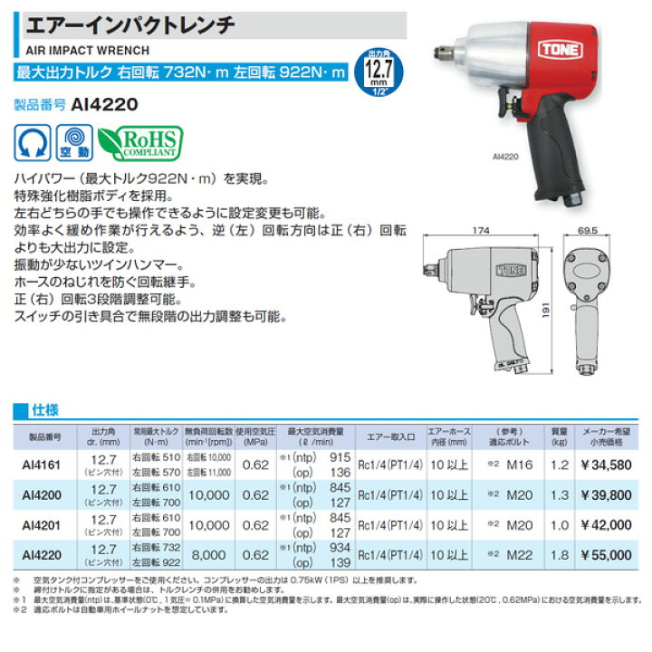 楽天市場】TONE エアーインパクトレンチ 能力ボルト径22mm 差込角12.7 