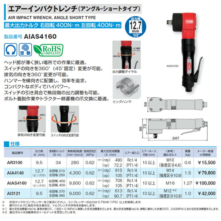 楽天市場】TONE AIAS4160 エアーインパクトレンチ（アングル  