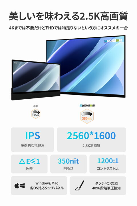 楽天市場】モバイルモニター EHOMEWEI 2.5K 17インチ 2560x1600 光沢  