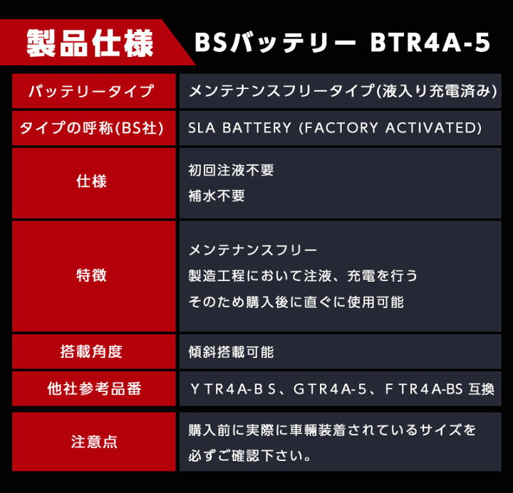 楽天市場】モンキー タクト BSバッテリー BTR4A-5 バイク バイク用 バッテリー SLA メンテナンスフリー 液入り充電済み 完全密封 アグスタ 純正採用 正規品 GS YUASA ユアサ 台湾 TAIWAN GTR4A-5 YTR4A-BS 古河バッテリー FTR4A-BS 互換 1年保証付 ゴリラ ディオ 50CC ... 楽天市場】モンキー タクト BSバッテリー BTR4A-5 バイク バイク用 バッテリー SLA メンテナンスフリー 液入り充電済み 完全密封 アグスタ 純正採用 正規品 GS YUASA ユアサ 台湾 TAIWAN GTR4A-5 YTR4A-BS 古河バッテリー FTR4A-BS 互換 1年保証付 ゴリラ ディオ 50CC ...