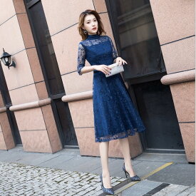 結婚式 ドレス 袖あり ひざ丈 パーティードレス ワンピース お呼ばれ ゲスト 服装 ミモレ 二次会 披露宴 レディース 20代 30代 40代 可愛 おしゃれ おすすめ 人気 Aライン リボン 透け感 レース フレア 大人可愛い ハイネック ミセス 五分袖 【売れ筋】【当店オススメ】