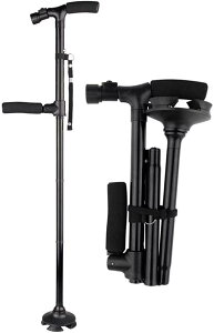 人気 ステッキ 杖 自立式 折りたたみ 4点杖 軽量 アルミ製 頑丈 高輝度LEDライト 搭載 ダブルハンドル 夜間散歩 伸縮ステッキ 5段階調整可 補助ハンドル 介護つえ 歩行補助杖 倒れない 母/父に