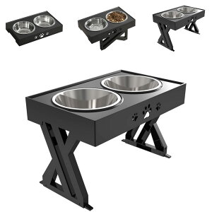 犬 食器 食器台 ペット フードボウル 大型 中型 小型犬用 スタンド付き 3段階 高さ調節可能 餌入れ 餌台 エサ台 食事台 ご飯皿 えさ台 溢れ止め 水入れ 大容量 ステンレス皿 750ML*2個 給食器 食