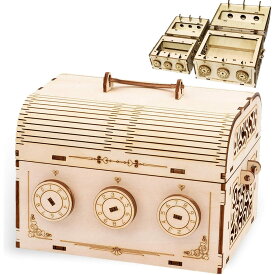 大型宝箱 ダイヤルロック 貯金箱 秘密箱 冬休み 工作キット 立体パズル 木製パズル プレゼント 知育玩具 親子 DIY ウッドパズル 模型 3D