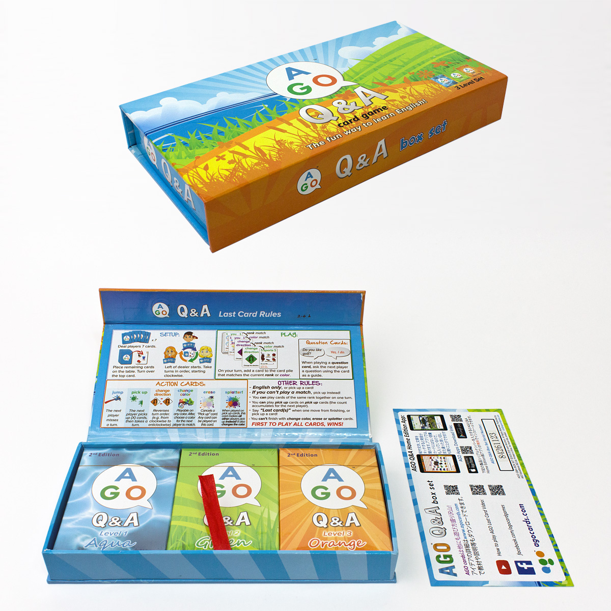 小学生 英語教材 AGO（エイゴ）Q＆A カードゲーム 3レベルセット（第2版）ボックスセット 幼児英語 知育 幼児 子供 知育 子ども 児童 英語  英会話教材 カード ゲーム 誕生日 プレゼント ギフト | 英語伝　EIGODEN