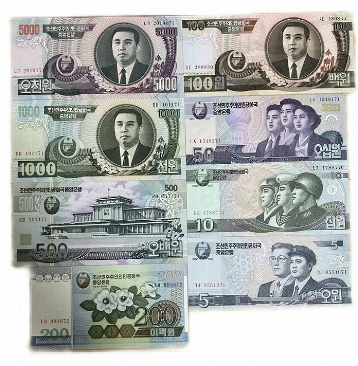 楽天市場】北朝鮮紙幣 5ウォン～5000ウォン 未使用 ピン札 セット 世界 