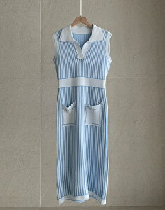�y���������z�A�C�A���}���yI AM MARI�zEpic Stripe Collar Sleeveless Knit One Piece / �G�s�b�N�X�g���C�v�ݕt���m�[�X���[�u�j�b�g�����s�[�X�y�����V���b�v�z