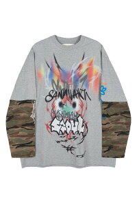 �y���������z�T���N�A���Y�ySANKUANZ�z25FW�� BUMPY OVERSIZED LAYERED GRAFFITI LONG-SLEEVE T-SHIRT / �o���s�[�I�[�o�[�T�C�Y���C���[�h�O���t�B�e�B����T�V���c �j�����p�y�����V���b�v�z