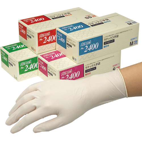 No.2400 バリアローブ ラテックス手袋 粉付(2,000枚)<br> 調理用手袋、食品調理用途に最適！<br>