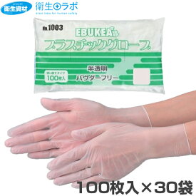 No.1003 エブケア プラスチック グローブ 袋入り パウダーフリー(3,000枚)【使い捨て手袋,プラスチック手袋,ビニール手袋,介護用手袋,PVCグローブ,100枚入】