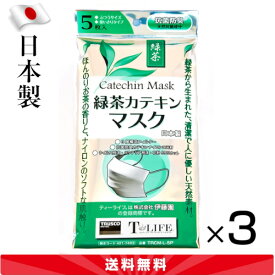 【3袋セット】 TRUSCO(トラスコ中山)緑茶カテキンマスク 日本製 個包装 5枚入×3パック TRCM-L-5P ふつうサイズ 3層構造 (メール便)