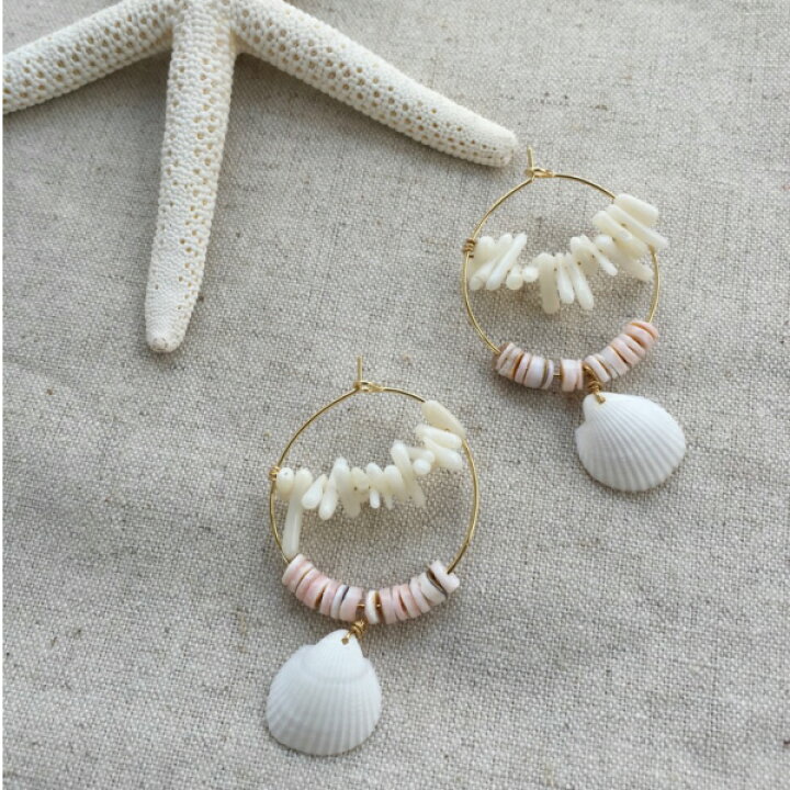 シェル & 珊瑚 フープ ピアス イヤリング レディース 女性用 ハンドメイド アクセサリー 貝殻 樹脂 可愛い お洒落 ギフト プレゼント ハワイアン ジュエリー アクセサリーshop eito 857♡樹脂イヤリング 花びら 貝殻 シェル♡